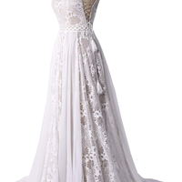 Bohemia Long V-neck Backless Elegant Beach Wedding Dresses Lace Bridal Dress,726 - Thumbnail 3