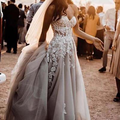 Gorgeous sweetheart front split tulle wedding dresses with appliques,728