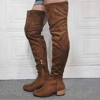 Brown Round Toe Flat Over-the-knee Women's Boots - Thumbnail 3