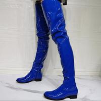 Blue round toe flat over the knee women's patent leather boots - Thumbnail 2
