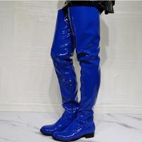 Blue round toe flat over the knee women's patent leather boots - Thumbnail 3