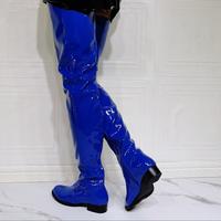 Blue round toe flat over the knee women's patent leather boots - Thumbnail 5