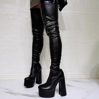 Black round toe thick heel stretch knee sexy women's boots - Thumbnail 1