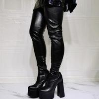 Black round toe thick heel stretch knee sexy women's boots - Thumbnail 3