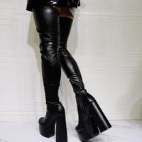 Black round toe thick heel stretch knee sexy women's boots - Thumbnail 4