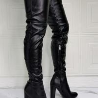 Black thick high heel side zipper sexy over-the-knee women's boots - Thumbnail 2