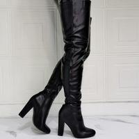 Black thick high heel side zipper sexy over-the-knee women's boots - Thumbnail 1
