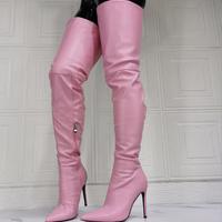 Pink Pointed Toe Stiletto Heel Over-the-knee Women's Long Boots - Thumbnail 6