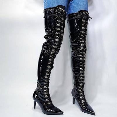 Black stiletto heel lace-up over-the-knee women's boots patent leather thigh boots
