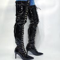 Black stiletto heel lace-up over-the-knee women's boots patent leather thigh boots - Thumbnail 2