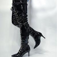 Black stiletto heel lace-up over-the-knee women's boots patent leather thigh boots - Thumbnail 3