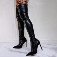 Black high-heeled stretch over-the-knee women's thigh boots - Thumbnail 3