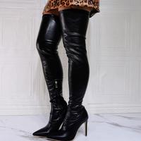 Black high-heeled stretch over-the-knee women's thigh boots - Thumbnail 4