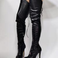 Black High-heeled Stretch Zipper Over-the-knee Women's Boots - Thumbnail 1