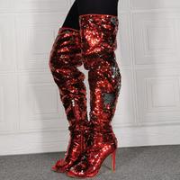 Fashion Red Sequined Stage High Heel Over-the-knee Female Thigh Boots - Thumbnail 2