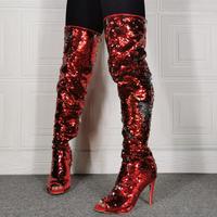 Fashion Red Sequined Stage High Heel Over-the-knee Female Thigh Boots - Thumbnail 1