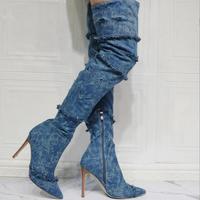 Fashion denim high heel women long boots - Thumbnail 1