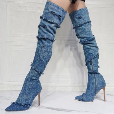 Fashion denim high heel women long boots