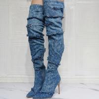 Fashion denim high heel women long boots - Thumbnail 3