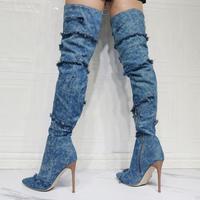 Fashion denim high heel women long boots - Thumbnail 2