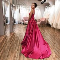 Elegant A-Line Fuchsia Satin Long Prom Dresses 2022 Evening Party Dresses - Thumbnail 1