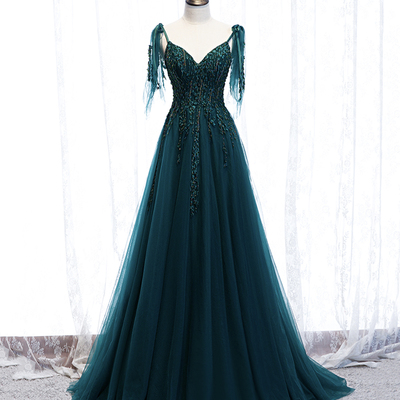Green tulle lace long prom dress a line evening dress - Thumbnail 2