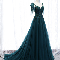 Green tulle lace long prom dress A line evening dress - Thumbnail 3