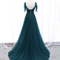 Green tulle lace long prom dress A line evening dress - Thumbnail 4