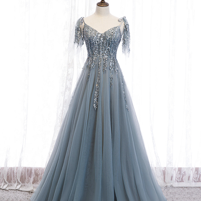 Blue tulle lace long prom dress blue evening dress - Thumbnail 2