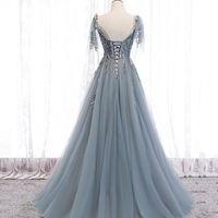 Blue tulle lace long prom dress blue evening dress - Thumbnail 3