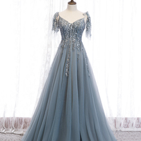 Blue tulle lace long prom dress blue evening dress - Thumbnail 5