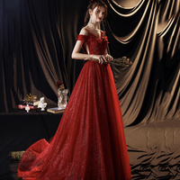 Red tulle sequins long prom dress A line evening gown - Thumbnail 2