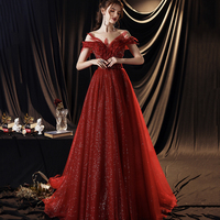 Red tulle sequins long prom dress A line evening gown - Thumbnail 5