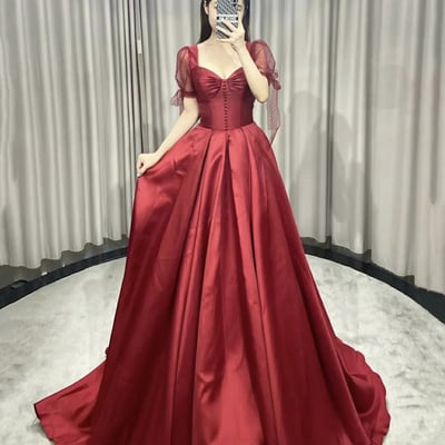Red satin long prom dress a line evening gown - Thumbnail 2