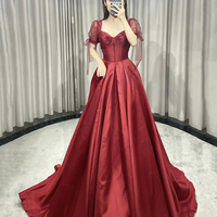 Red satin long prom dress A line evening gown - Thumbnail 1