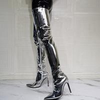 Fashion Silver Patent Leather Over the knee Women's Boots - Thumbnail 4