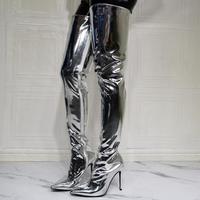 Fashion Silver Patent Leather Over the knee Women's Boots - Thumbnail 5