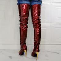 Sexy Burgundy Patent Leather Over the Knee Women's Boots - Thumbnail 3