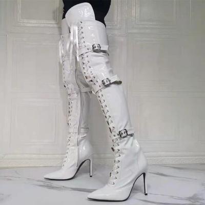 Fashion white patent leather lace-up belt buckle women's boots