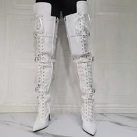 Fashion White Patent Leather Lace-up Belt Buckle Women's Boots - Thumbnail 1