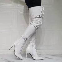 Fashion White Patent Leather Lace-up Belt Buckle Women's Boots - Thumbnail 2