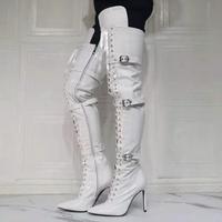 Fashion White Patent Leather Lace-up Belt Buckle Women's Boots - Thumbnail 4