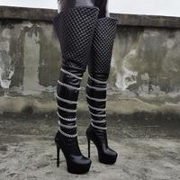 Black High-heeled Chain Rhombus Women's Boots - Thumbnail 1