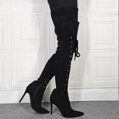 Black lace-up stiletto elastic women's boots