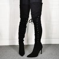 Black Lace-up Stiletto Elastic Women's Boots - Thumbnail 2