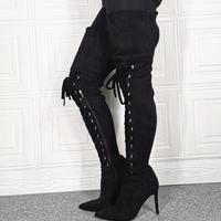 Black Lace-up Stiletto Elastic Women's Boots - Thumbnail 4