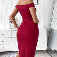 One-Shoulder Off-The-Shoulder Split Dress - Thumbnail 3