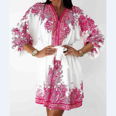 Floral rose red v-neck long-sleeved printed dress - Thumbnail 2