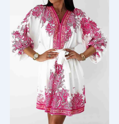 Floral Rose Red V-Neck Long-Sleeved Printed Dress
