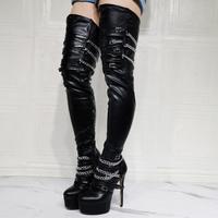 Fashion Black Chain High Heel Women Long Boots - Thumbnail 4